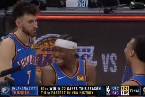 雷霆仅用72场就获60胜&amp;平NBA历史第八快 第一快是16年勇士的66场